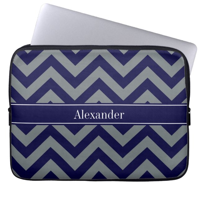 Navy, Charcoal LG Chevron Navy Blue Name Monogram Laptop Sleeve (Front)
