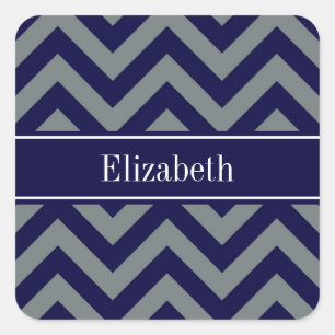 Navy, Charcoal LG Chevron Navy Blue Name Monogram Square Sticker