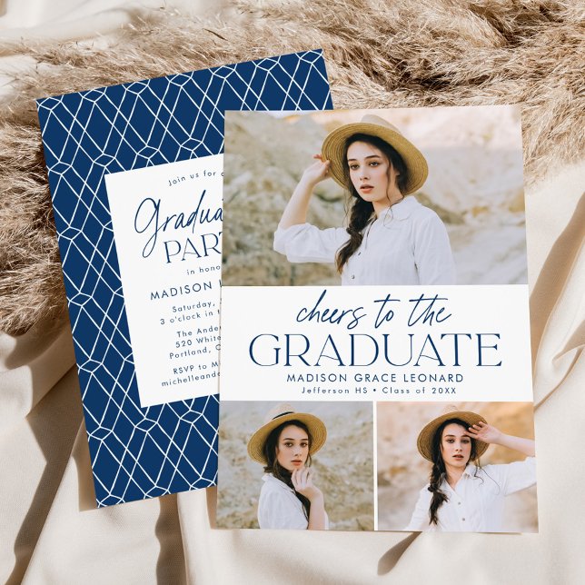 Navy | Cheers to the Grad Photo Graduation Party Invitation (Creator Uploaded)