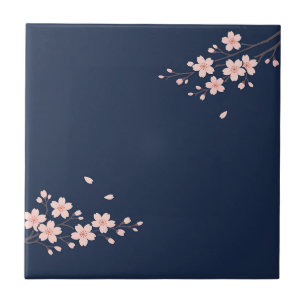 Navy Cherry Blossom Branch Ceramic Tile