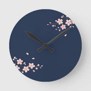 Navy Cherry Blossom Branch Round Clock