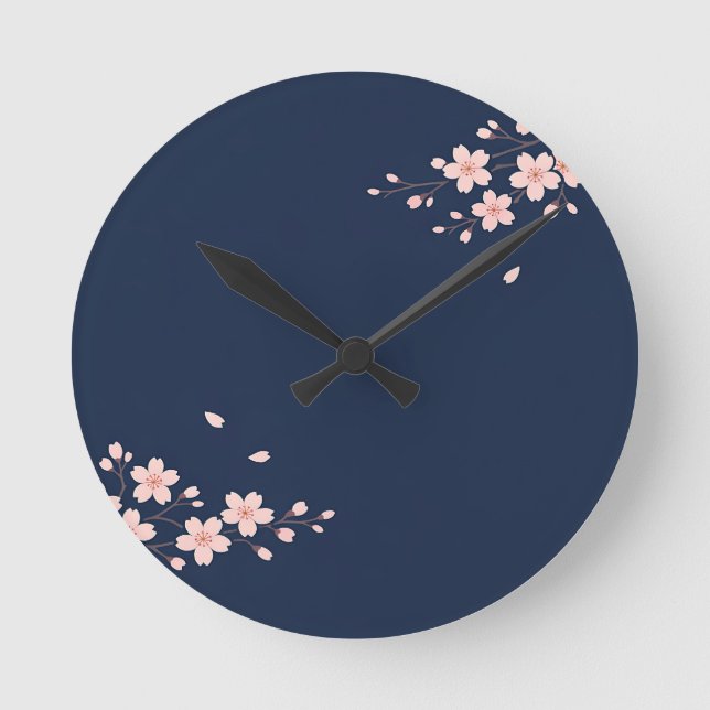 Navy Cherry Blossom Branch Round Clock (Front)
