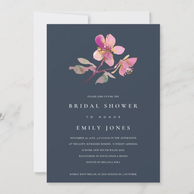 NAVY CHERRY BLOSSOM FLORAL BRIDAL SHOWER INVITE (Front)