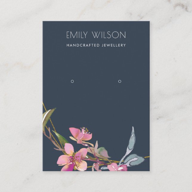 NAVY CHERRY BLOSSOM FLORAL EARRING DISPLAY LOGO BUSINESS CARD (Front)