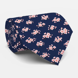 Navy Cherry Blossom Soft Pink Sakura Floral Tie