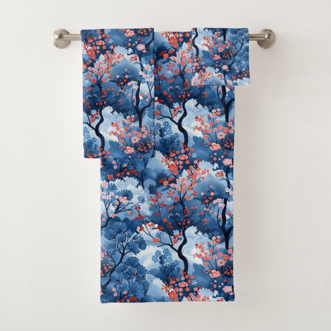 Navy Cherry Blossom Trees Bath Towel Set (Insitu)