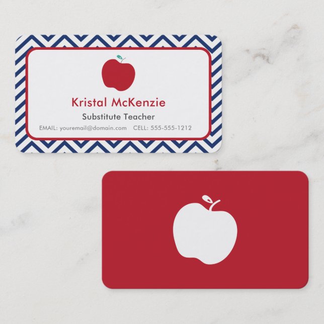 Navy Chevron and Red Apple Teacher Business Cards (Front/Back)