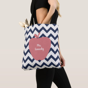 Navy Chevron Coral Apple Teacher Tote Bag