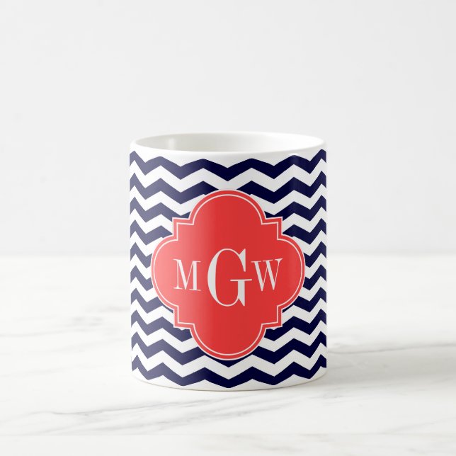 Navy Chevron Coral Red Quatrefoil 3 Monogram Tn Coffee Mug (Center)