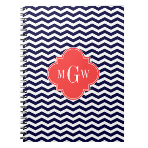 Navy Chevron Coral Red Quatrefoil 3 Monogram Tn Notebook