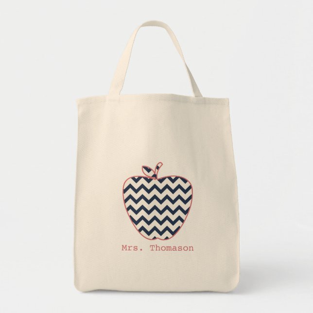 Navy Chevron & Coral Teacher Apple Tote Bag (Front)