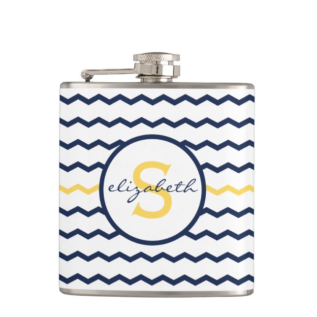 Navy Chevron Monogram Hip Flask (Front)