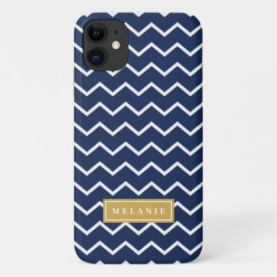 Navy Chevron Pattern Gold Name Template iPhone 11 Case