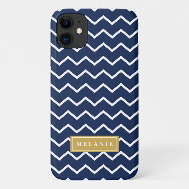 Navy Chevron Pattern Gold Name Template Case-Mate iPhone Case (Back)