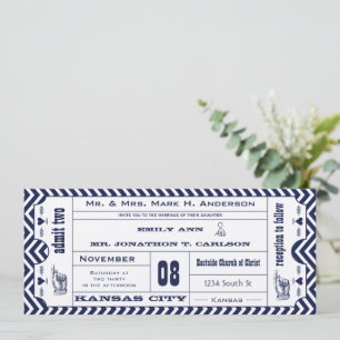 Navy Chevron Zig Zag Vintage Modern Ticket Wedding Invitation