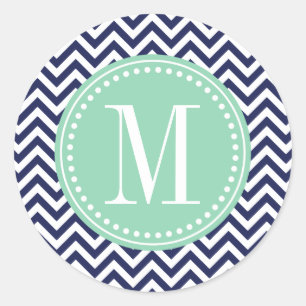 Navy Chevron Zigzag Personalised Monogram Classic Round Sticker