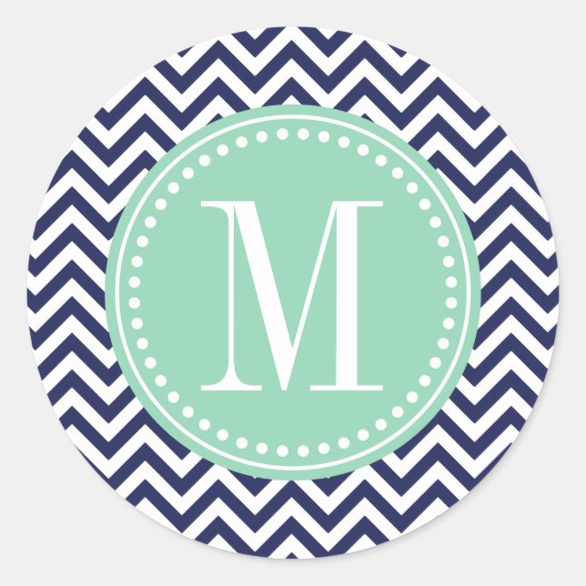 Navy Chevron Zigzag Personalised Monogram Classic Round Sticker (Front)