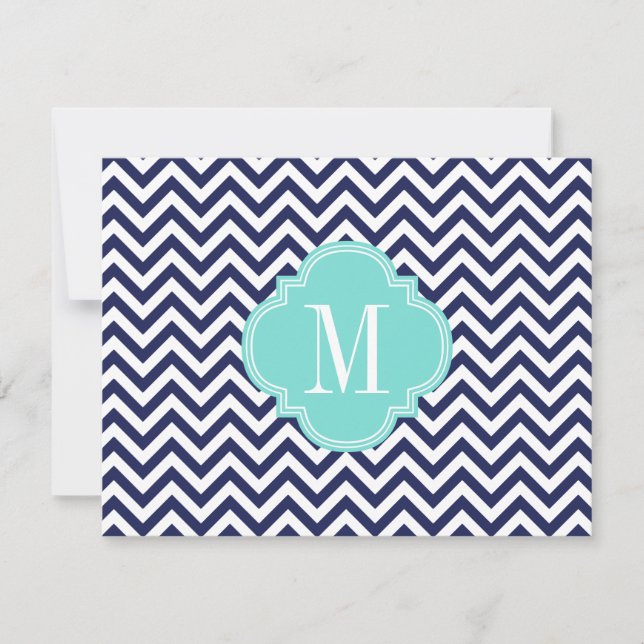 Navy Chevron Zigzag Personalised Monogram Note Card (Front)