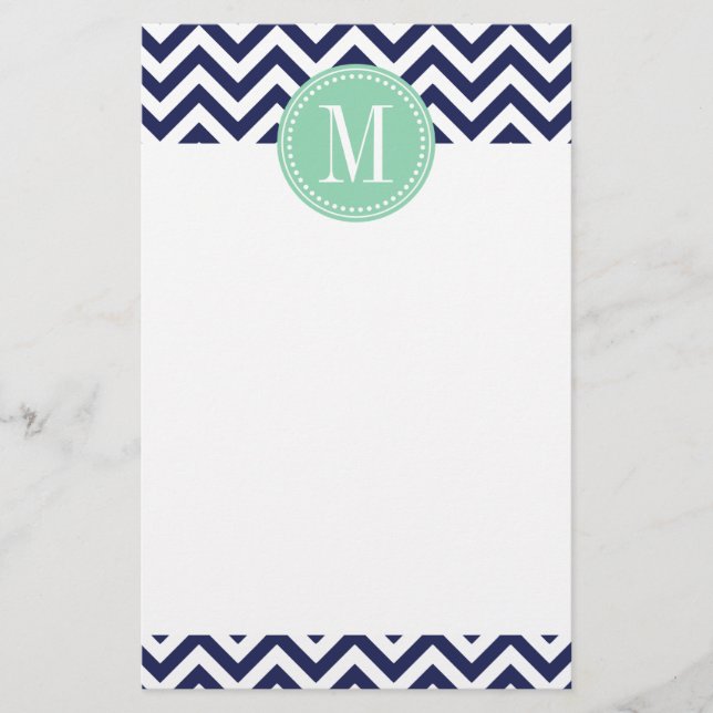 Navy Chevron Zigzag Personalised Monogram Stationery (Front)