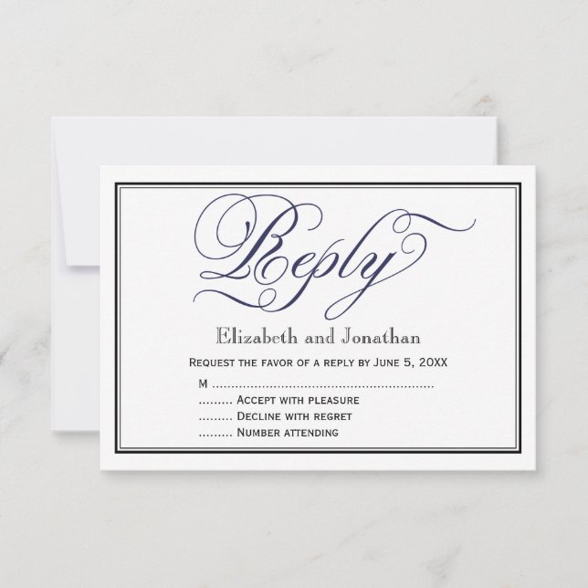 Navy Chic Calligraphy Script Wedding Reply Card (Front)