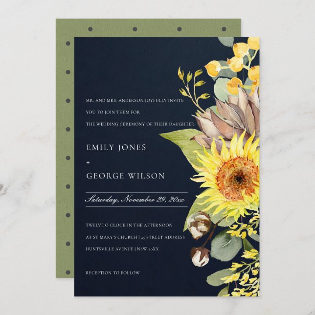 NAVY CHIC SUNFLOWER EUCALYPTUS PINE FLORAL WEDDING INVITATION (Front/Back)