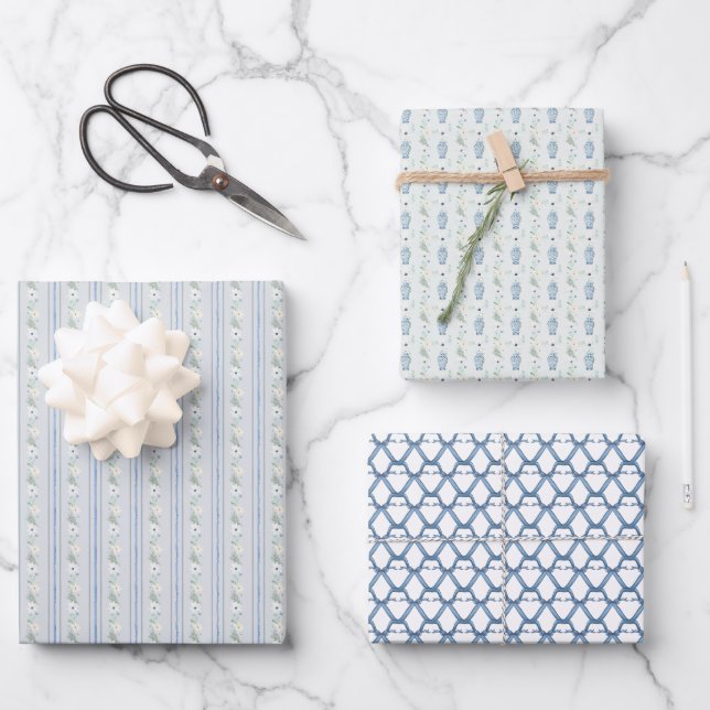 Navy Chinoiserie Preppy Wrapping Paper Sheet (Front)