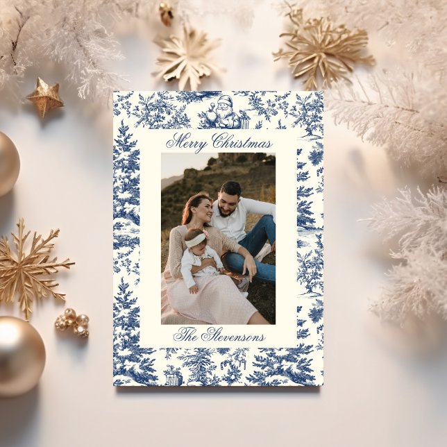 Navy Chinoiserie Toile De Jouy Photo Christmas Holiday Card (Creator Uploaded)