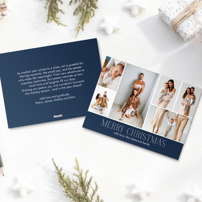 NAVY Christmas Elegant 6 Collage Photo message Holiday Card (Creator Uploaded)