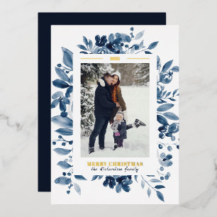 Navy Christmas floral watercolor photo Foil Holiday Card