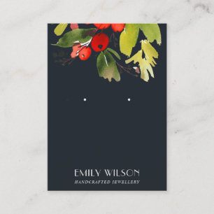 NAVY CHRISTMAS HOLLY BERRY STUD EARRING DISPLAY BUSINESS CARD