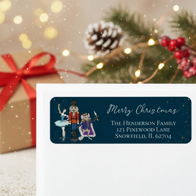 Navy Christmas Nutcracker Ballet Return Address Label (Colorful Festive Merry Christmas Seasonal Nutcracker Ballet Return Address Labels. Elegant Navy Blue)