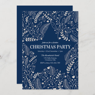 Navy Christmas party Invitation stars and holly