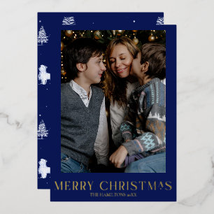 Navy Christmas Photo Gold Foil Winter Toile  Foil Holiday Card