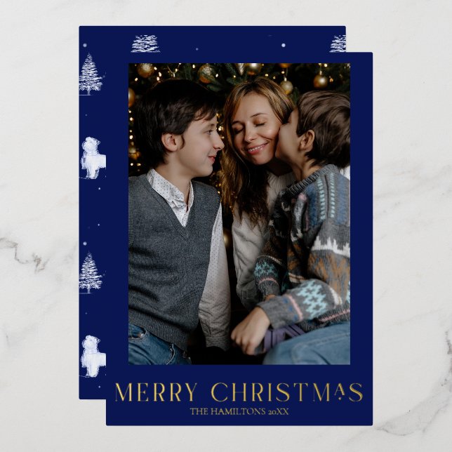 Navy Christmas Photo Gold Foil Winter Toile  Holiday Card (Front/Back)