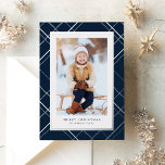 Navy Christmas plaid one photo elegant family Foil Holiday Card<br><div class="desc">Chic and stylish, this one-photo Christmas card is the perfect way to send holiday greetings to friends and family. A silver foil plaid frames a single vertical photo. The two text spots can be customised with your own greeting, name, year or any other message. The back is a matching navy...</div>