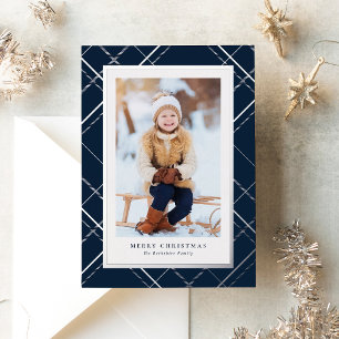 Navy Christmas plaid one photo elegant family Foil Holiday Card