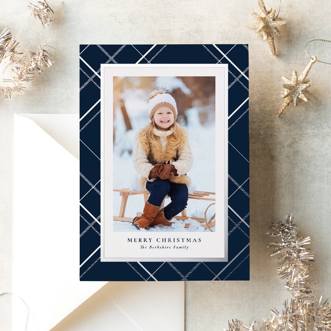 Navy Christmas plaid one photo elegant family Foil Holiday Card (Creator Uploaded)