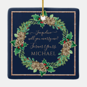 Navy Christmas Wreath Proposal Holly Leaf Foliage Ceramic Ornament