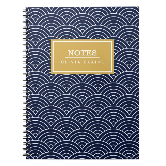 Navy Circle Wave Pattern Gold Name Template Notebook (Front)
