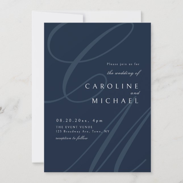 Navy Classic Elegance calligraphy monogram wedding Invitation (Front)