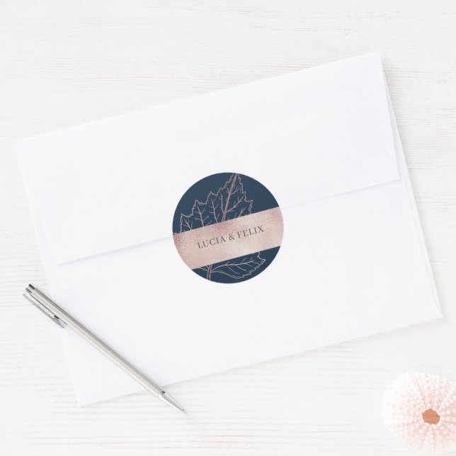 Navy Classic Matt Rose Gold Leaves Wedding  Classic Round Sticker (Envelope)
