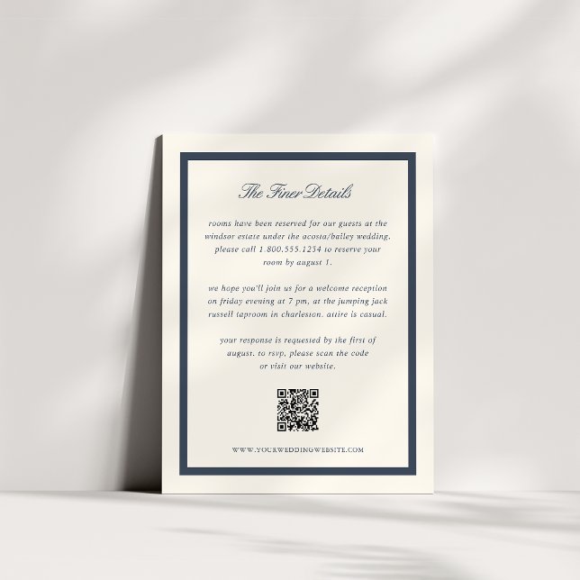 Navy Classic Script Wedding Details QR Code Enclosure Card (Creator Uploaded)