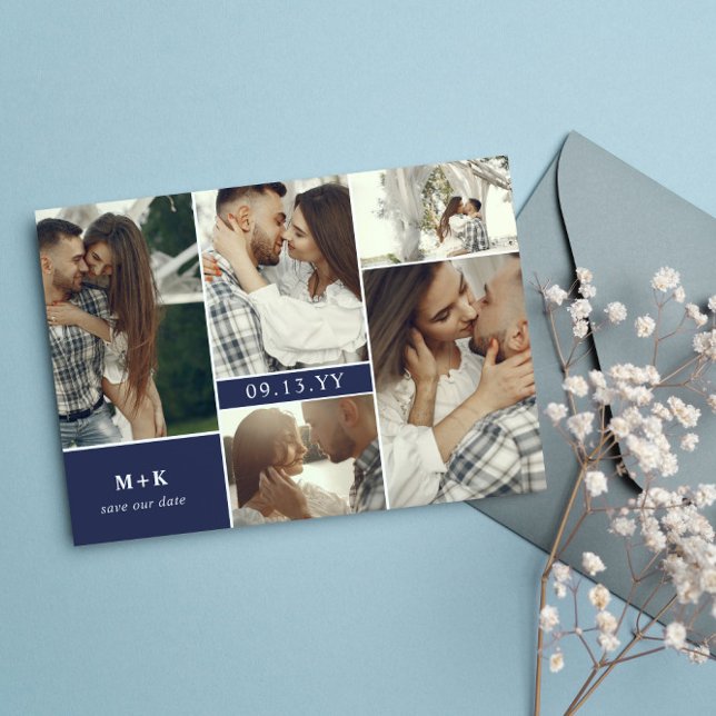 Navy Clean Modern Initials & Photos Save the Date (Creator Uploaded)