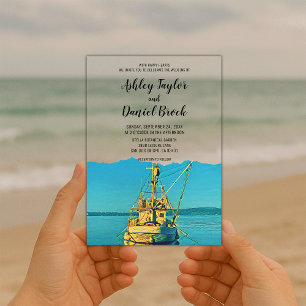 Navy Coastal Boat Beach Destination Wedding Acrylic Invitations