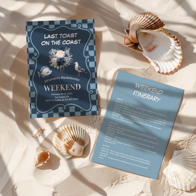Navy Coastal Floral and Chequered Sea Bachelorette Invitation (Creator Uploaded)