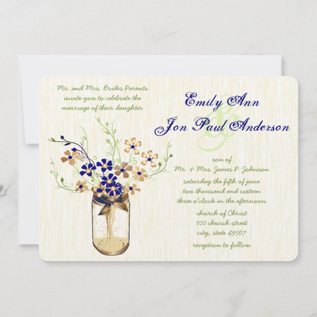 Navy Copper and Green Mason Jar Wild Flower Invitation (Front)