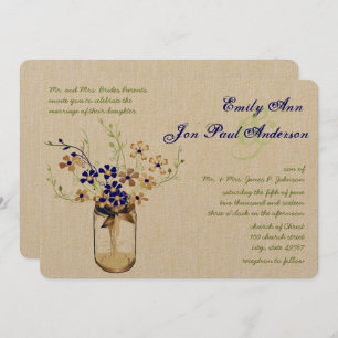Navy Copper and Green Mason Jar Wild Flower Invitation