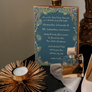 Navy Copper and Green Paisley Peacock Wedding Invitation