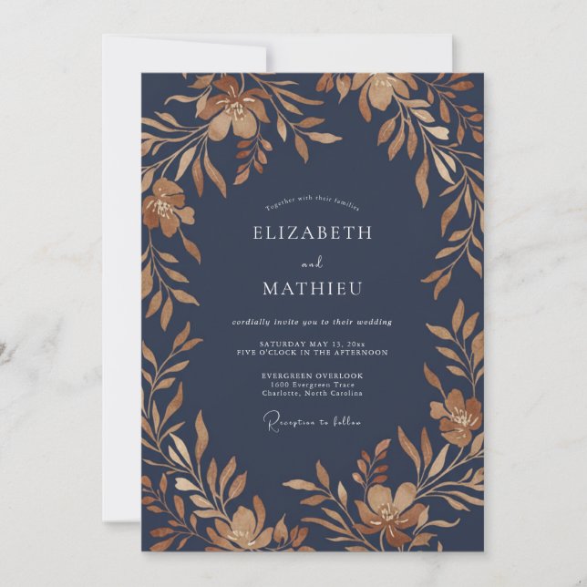 Navy Copper Foliage Eucalyptus Wedding Invitation (Front)