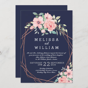 Navy Copper Geometric Floral Watercolor Wedding Invitation